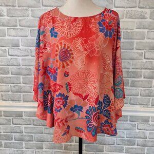 Bob Mackie Wearable Art Top Bat Wing Sleeves Flowy Sequins Orange Floral Boho M